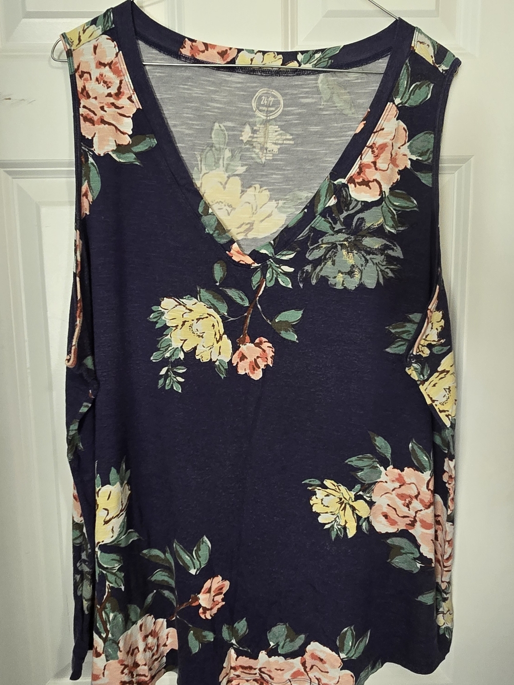 Maurices Women's Floral V-Neck Sleeveless Top - Navy with Pink & Yellow Flowers